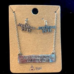 Burnished Silvertone “Jeremiah 29:11” Bar Pendant Necklace & Earrings Set